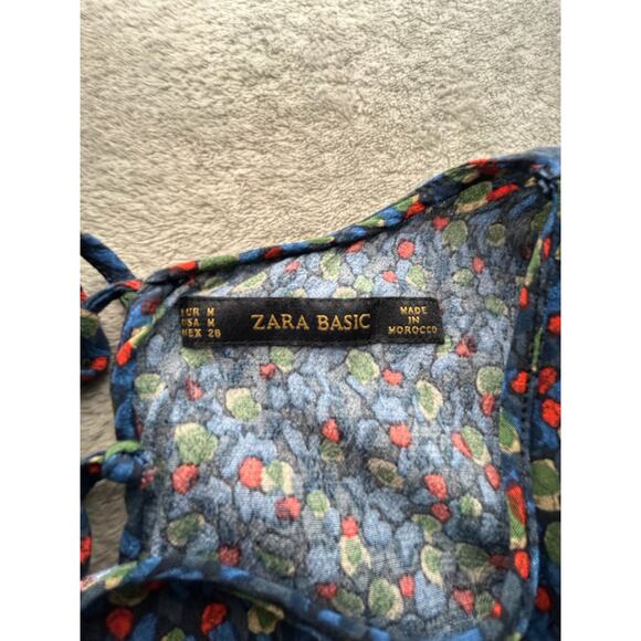 Zara Basic Mini Dress Blue Floral Long Sleeve Ties in Back Size Medium - Picture 2 of 7